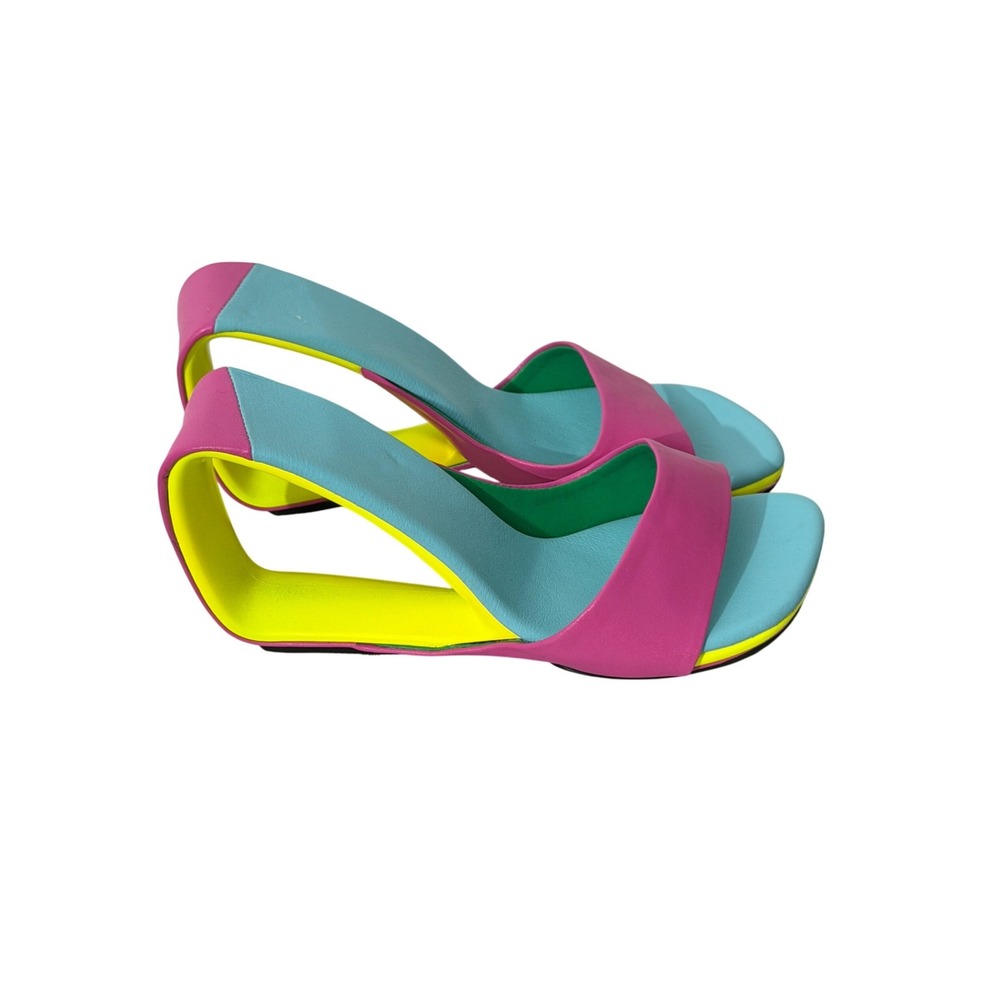 Architectural Wedge Sandals Women's 39 Pink Blue Neon Colorblock Mules